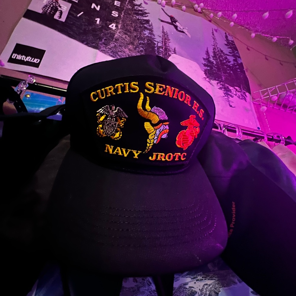 Dark blue snap back, ROTC PATCH.